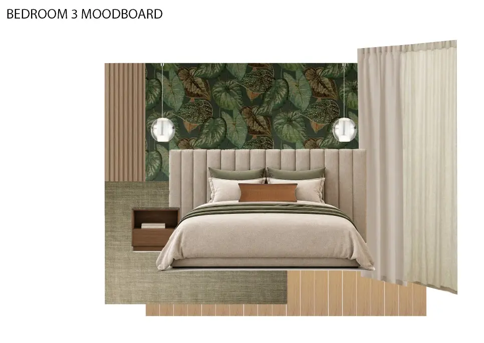 Botanical bedroom moodboard with green tropical wallpaper, timber and neutral upholstered bed