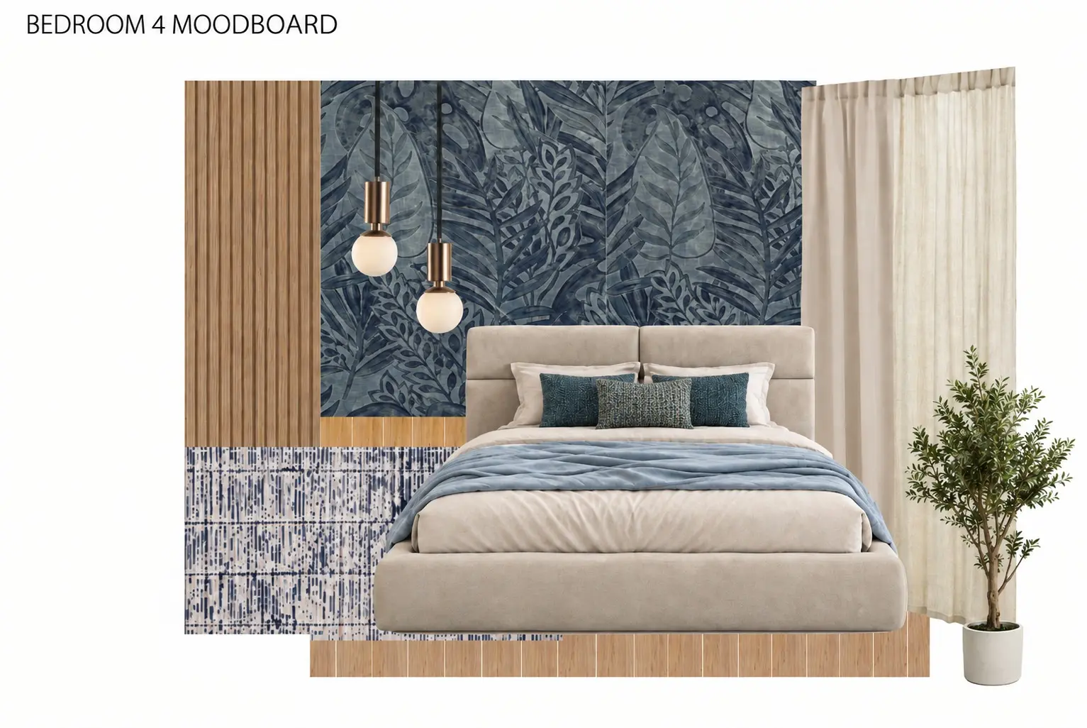 Indigo botanical accent wall and blue bedroom textiles