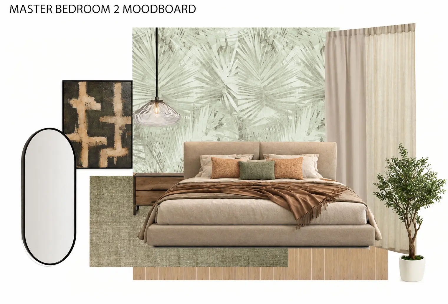 Sage foliage wallpaper and neutral contemporary bedroom furniture moodboard
