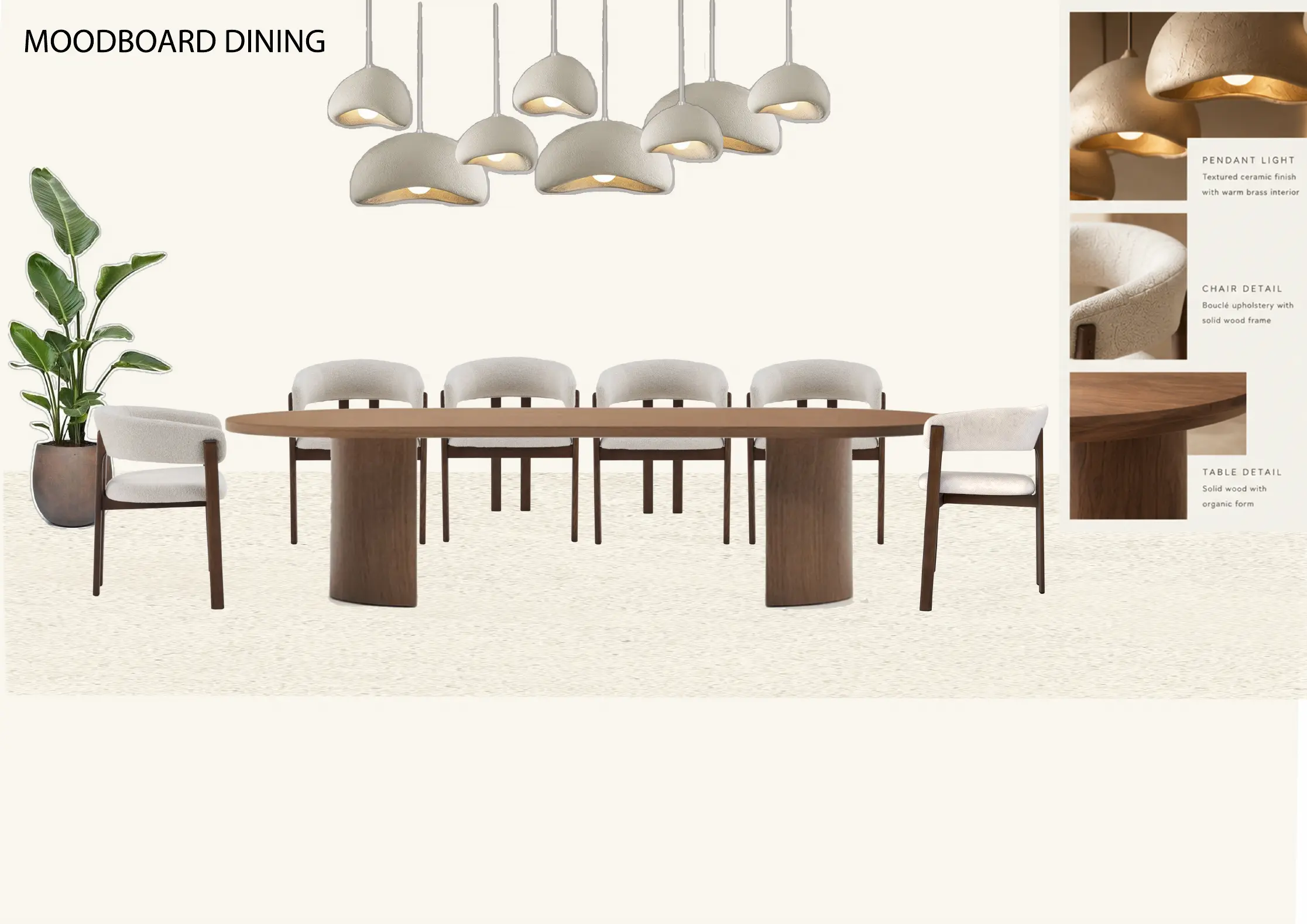 Dining moodboard with sculptural timber dining table, upholstered chairs and ceramic pendants