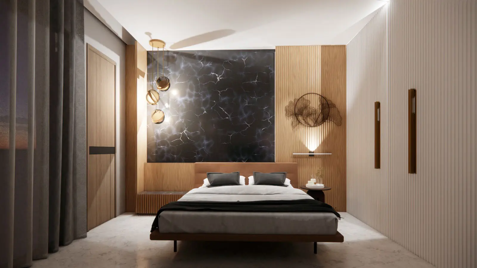 Bedroom interior study with textured dark feature wall, timber detailing and warm side lighting