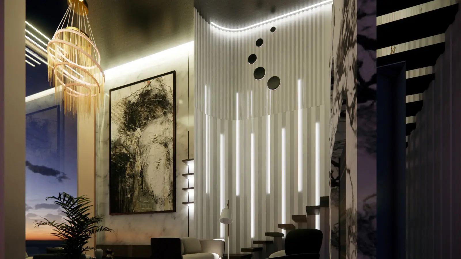 Hospitality interior with vertical light features and a sculptural pendant