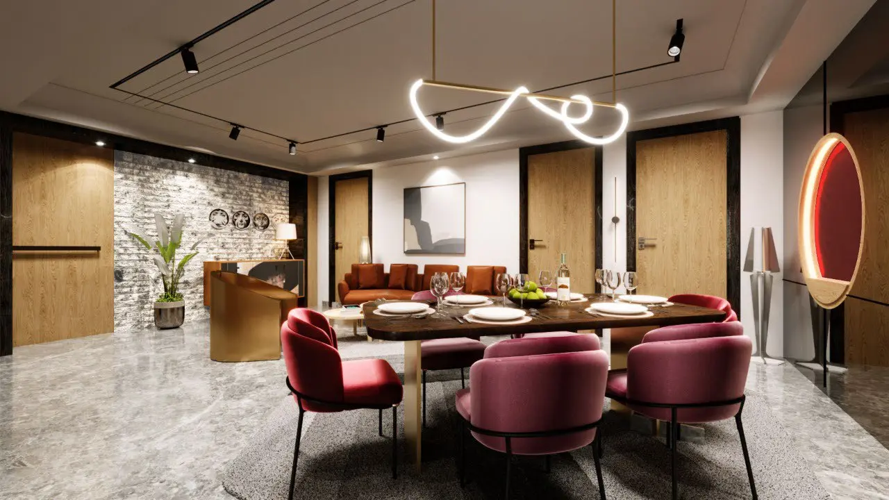 Residential dining and living interior with rose-coloured chairs and sculptural lighting