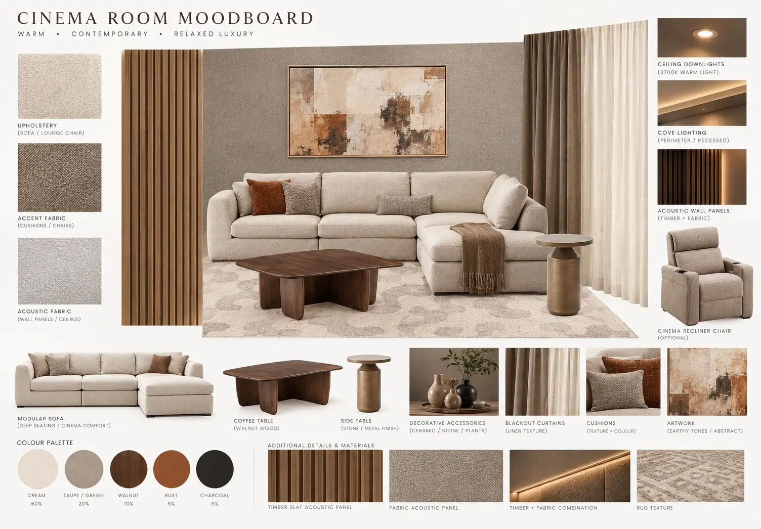 Media-room moodboard with sofa, finishes, timber slats and material swatches