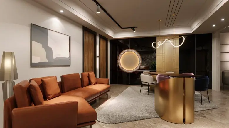 Warm living room visualisation with rust sofa, contemporary lighting and dark ceiling