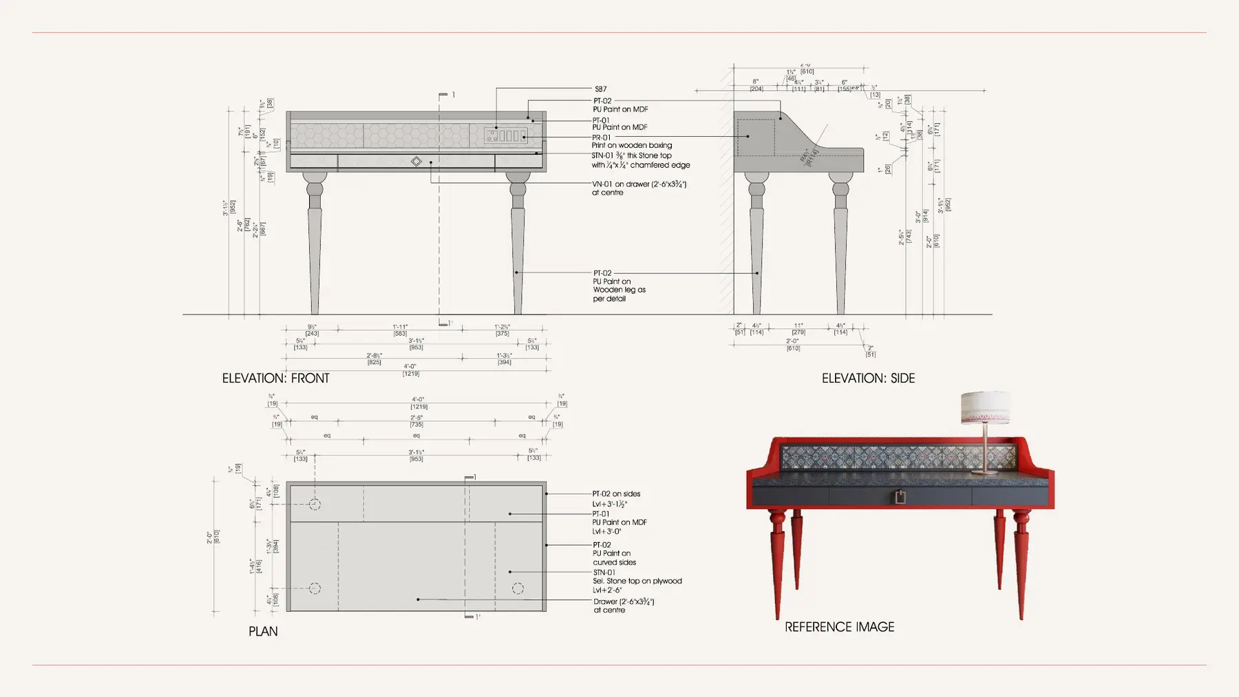 Technical furniture elevations, sections and material detailing